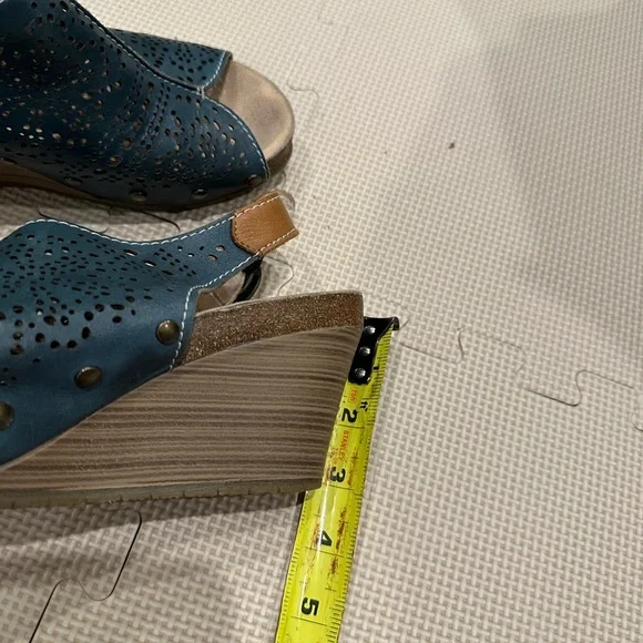 Pikolinos Mahon Blue Laser-Cut Leather Slingback Wedge Sandals Size 39 (US 8.5) - Picture 5 of 12